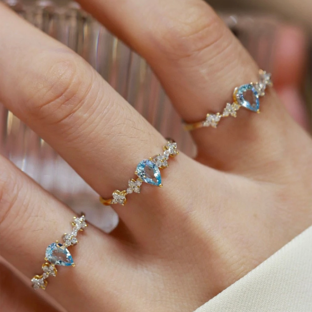 Luxury Fine S925 Sterling SIlver Blue Zircon Diamond Adjustable Flower Water Drop Stone Finger Rings With 18K Gold Plated