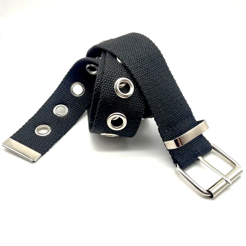 Customized Fashion Eyelets Fabric Pattern Cotton Classic Jeans Web Strap Belt With Pin Buckle
