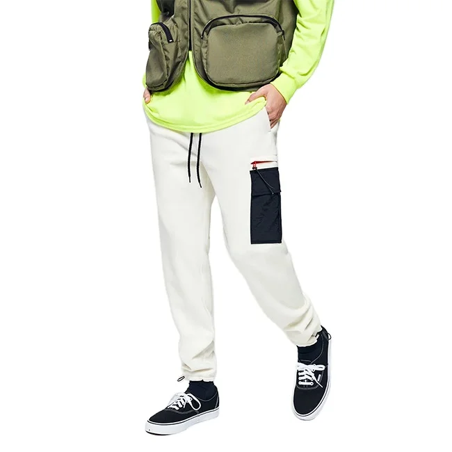 athletic white polar fleece cargo pants mens sherpa two tone skinny side pockets long trousers