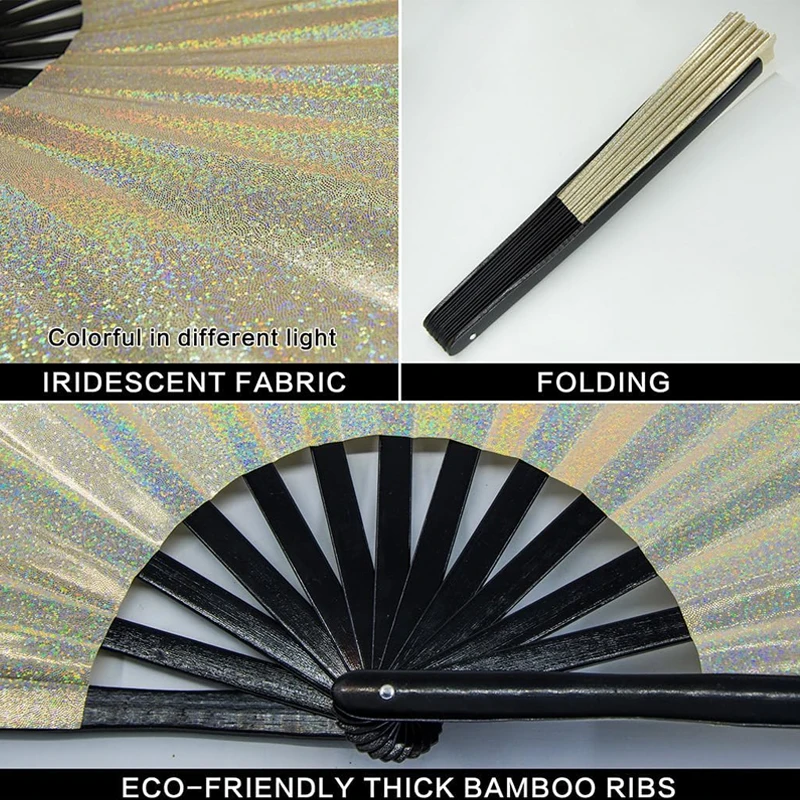Custom Logo Bamboo Crafts Large Folding Rave Fans Holographic Festival Wedding Party Clack Hand Held Fan