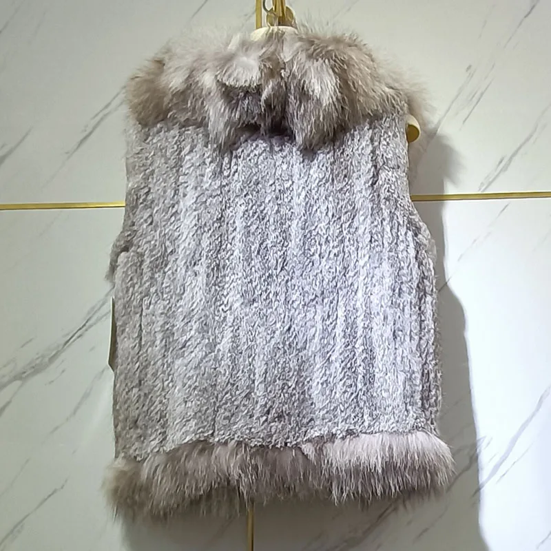 Women Knitted Real Rabbit Fur Vest With Real Fox Fur Collar Short Female Genuine Fur Waistcoat Female Sleeveless Jacket