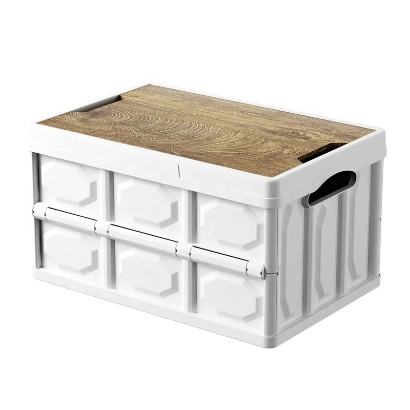 Outdoor 30L 50L Car Luggage Foldable Grocery Storage Basket Folding Wooden Lid Camping Box