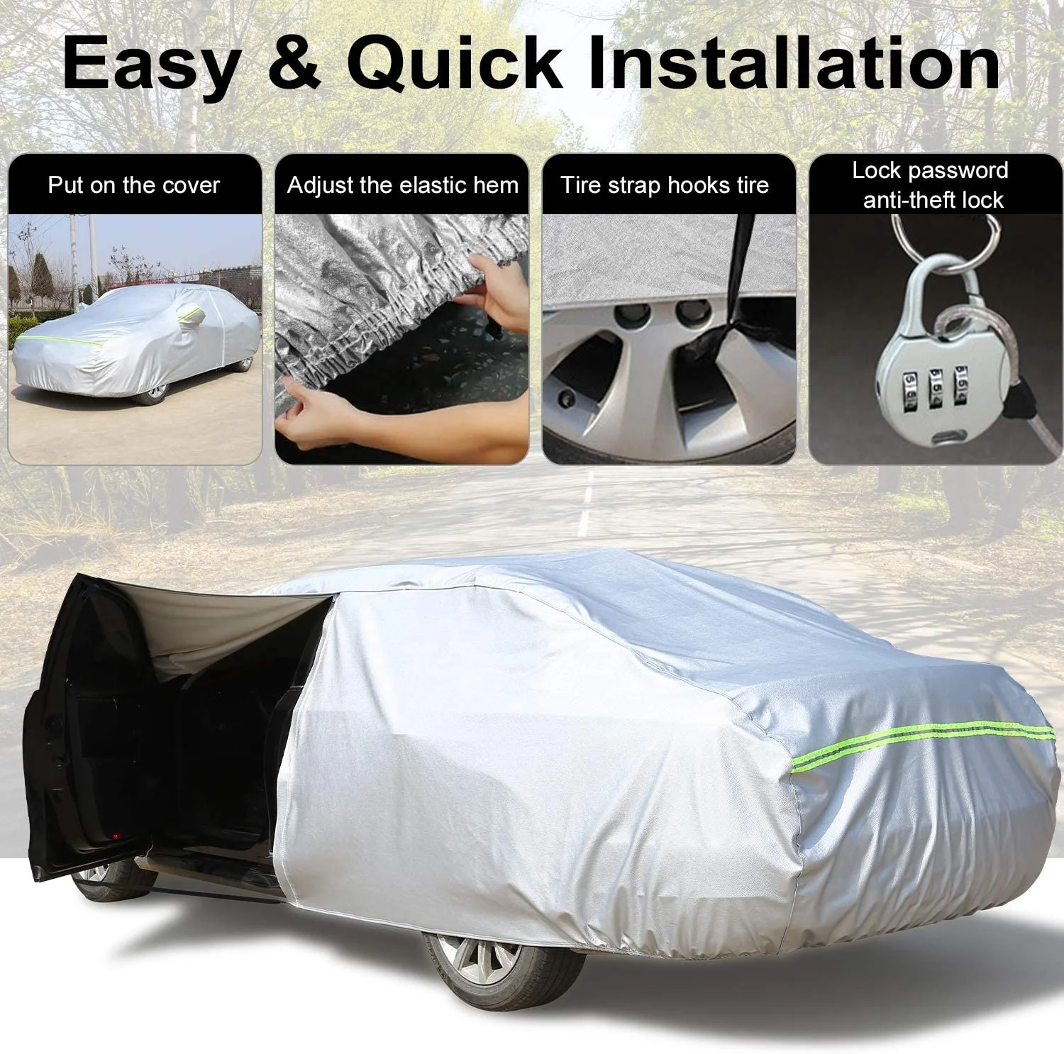Silver Safety Reflective strip automatic car cover universal car cloth