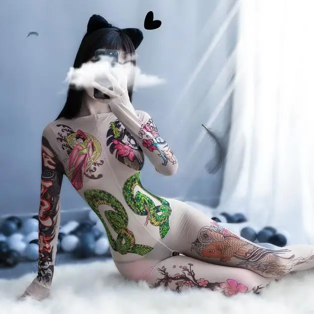 European and American sexy stockings sexy tattoo long sleeve open file one-piece underwear sexy pajamas