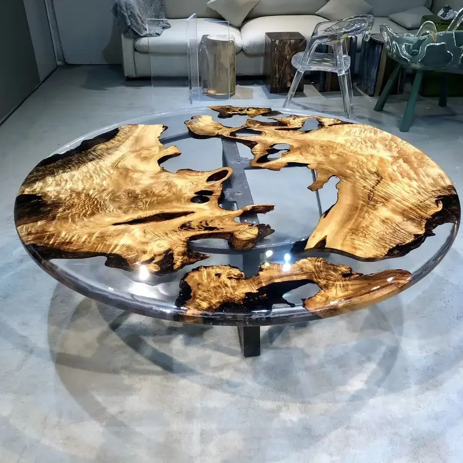high quality transparent epoxy resin round table golden camphor wood river table epoxy resin