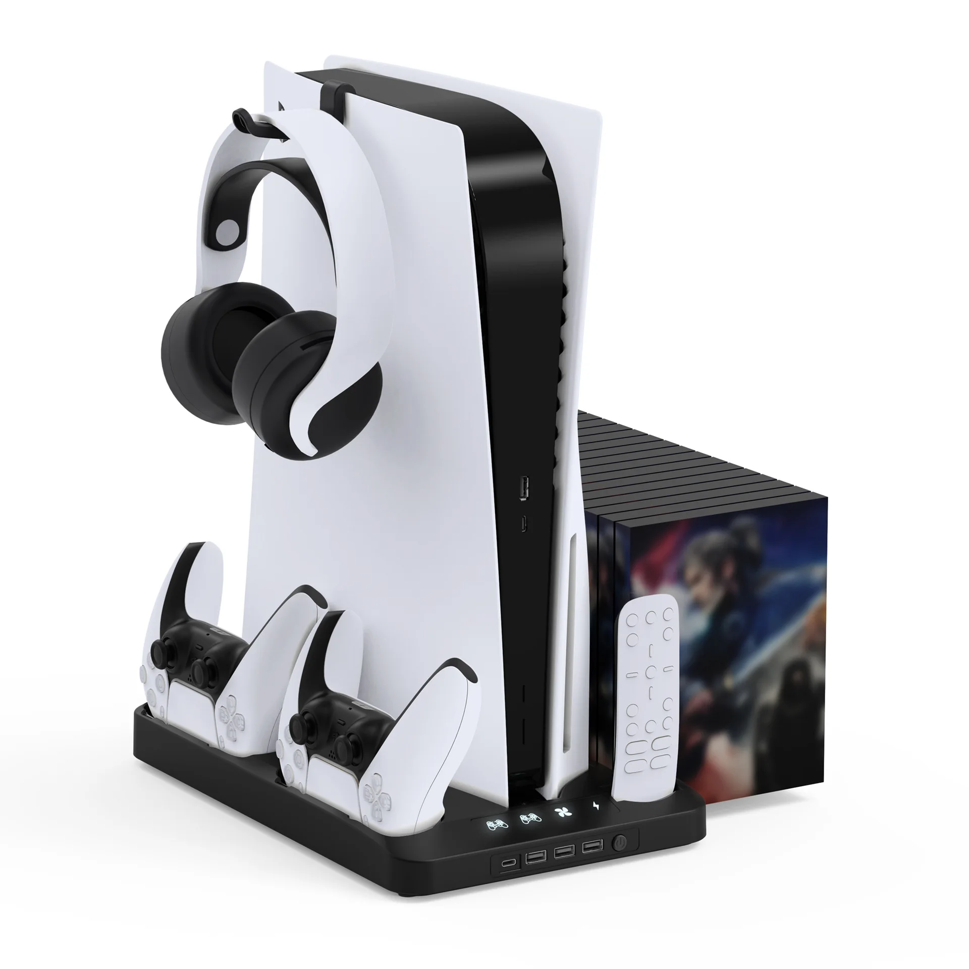 RGB Cooling Stand with Dual Controller Charger Station Earphone Hook Game Storage Rack Cooling Station for PS5 Console  Holder