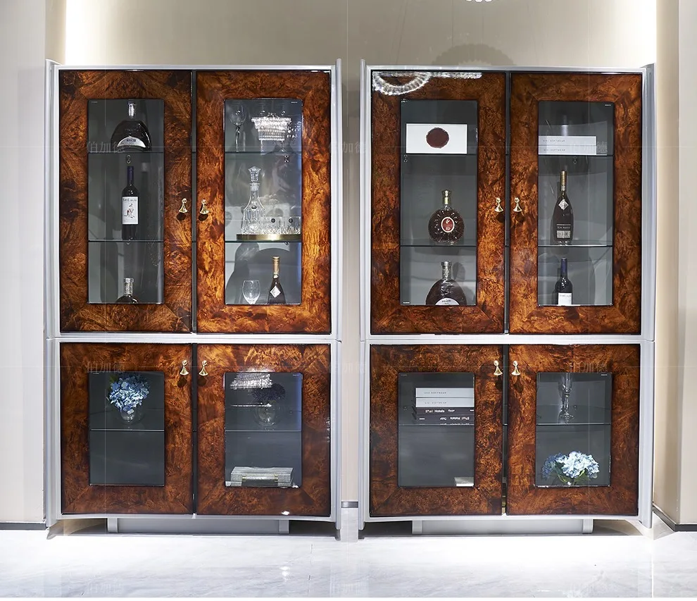 Modern Luxury Glass Wine Cabinet Home Bar Wooden Mini Showcase Wood Display Showcase Wine Bar Cabinet for Living Dining Room