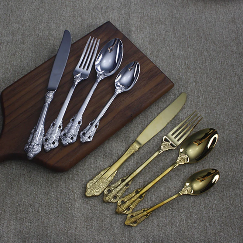 18-10 Stainless steel gold vintage Cutlery Set, Royal Luxury embossment flatware Sets