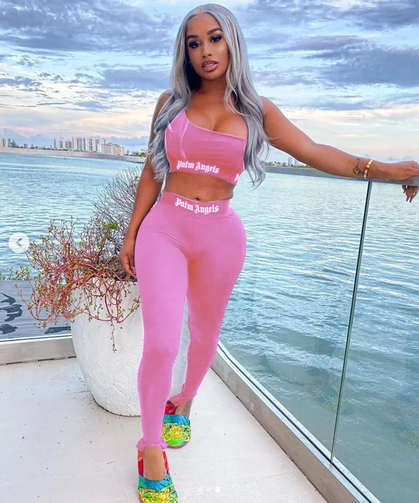 
custom logo women crop top sleeveless one shoulder two piece pants set yoga sports wear biker shorts 
