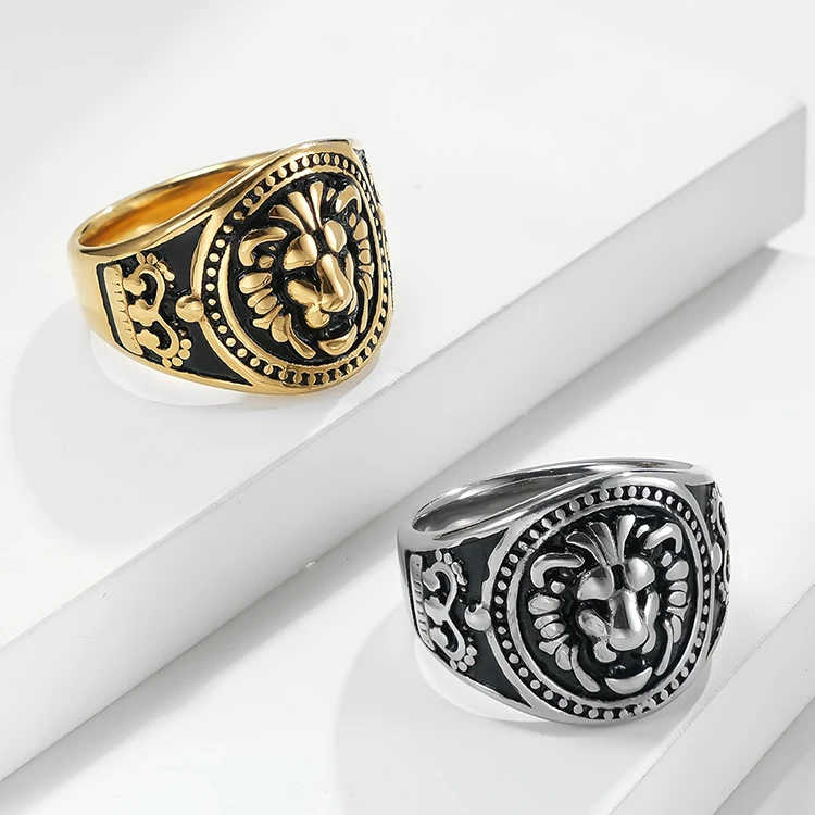 2024 Vintage Silver Gold Lion Animal Head Rock Finger Rings Gold Plated Stainless Steel Rings for Men