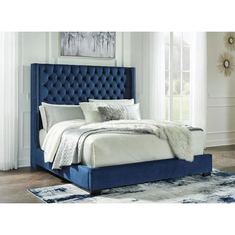 King Bed Wood Unique Size Wooden Nordic Real Upholstered Beds Pakistan Furniture Velvet Headboard Dark Grey Tall Head