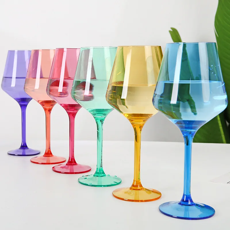 Wholesales Colorful  European Style Shatterproof Stemmed Wine Glasses Tritan Colored Plastic Red Wine Glasses For Wedding