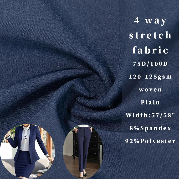 Customized colorful free samplie 75D 100D 92% Polyester 8% spandex woven 4 way stretch Fabric for suits trousers