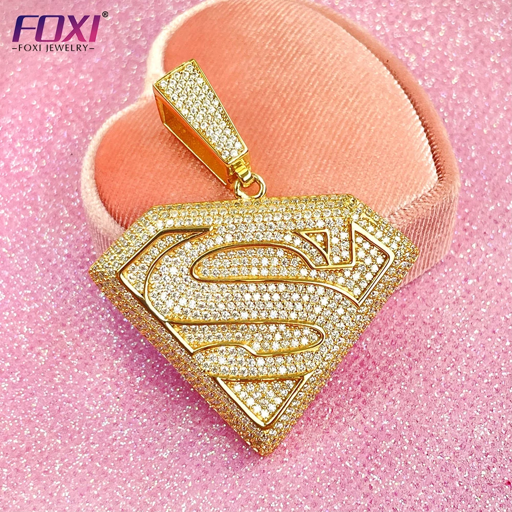 Fashion Hot Sale Hip Hop Superman Pendant Gold Plated Men Full Moissanite Stone Sterling Silver Conspicuous Pendant For Necklace
