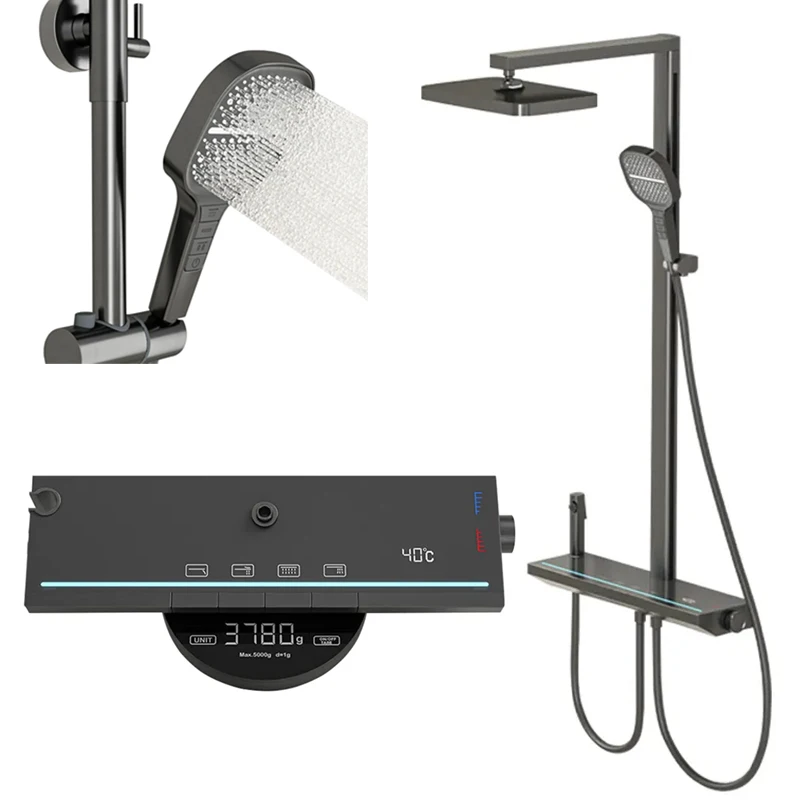 Digital Display Piano shower Gun Grey Rain Shower System Set  Multi-function exposed shower set with square bar