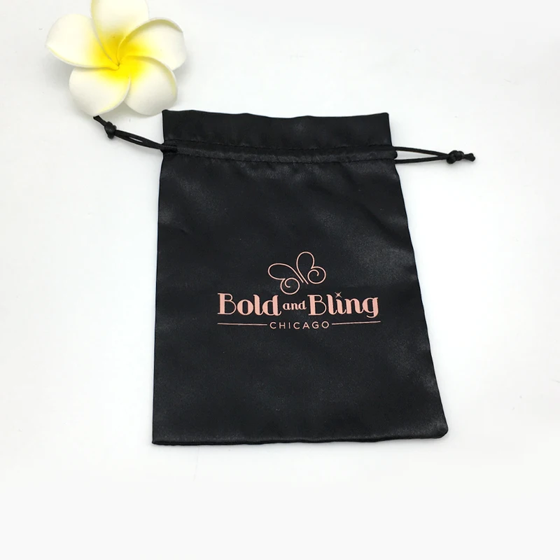 custom logo printed  satin fabric drawstring hair extension packaging wig bag