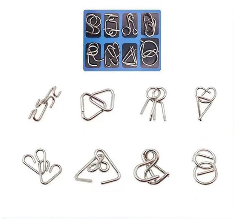 8Pcs 3D IQ Metal Puzzle Set Brain Exercise Adults Kids Disentanglement Iron Link Montessori Intelligent Children Educational Toy