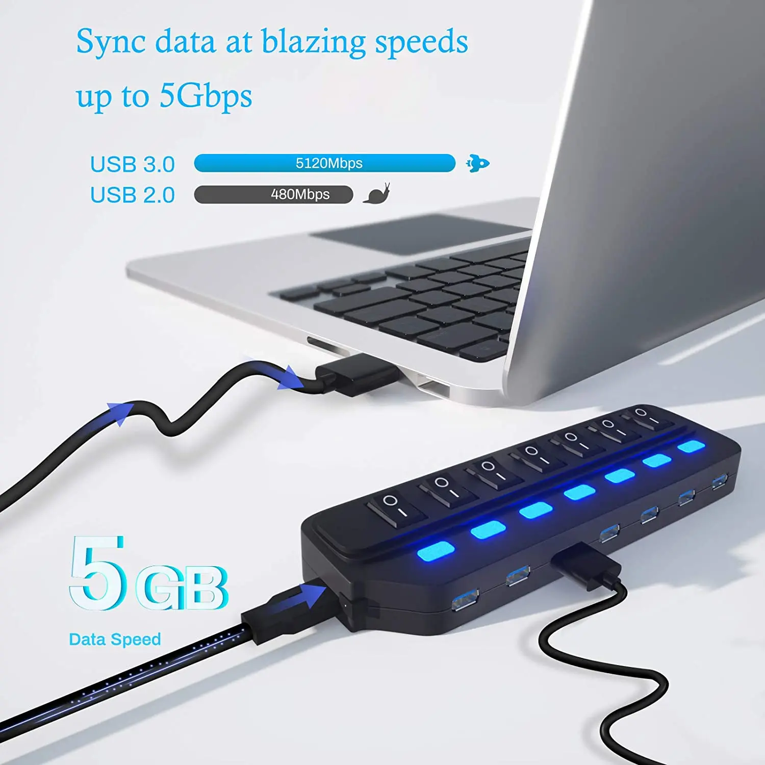 Прямая поставка от производителя Мощный Usb-концентратор с 7 портами 3 0 индивидуальными светодиодными переключателями