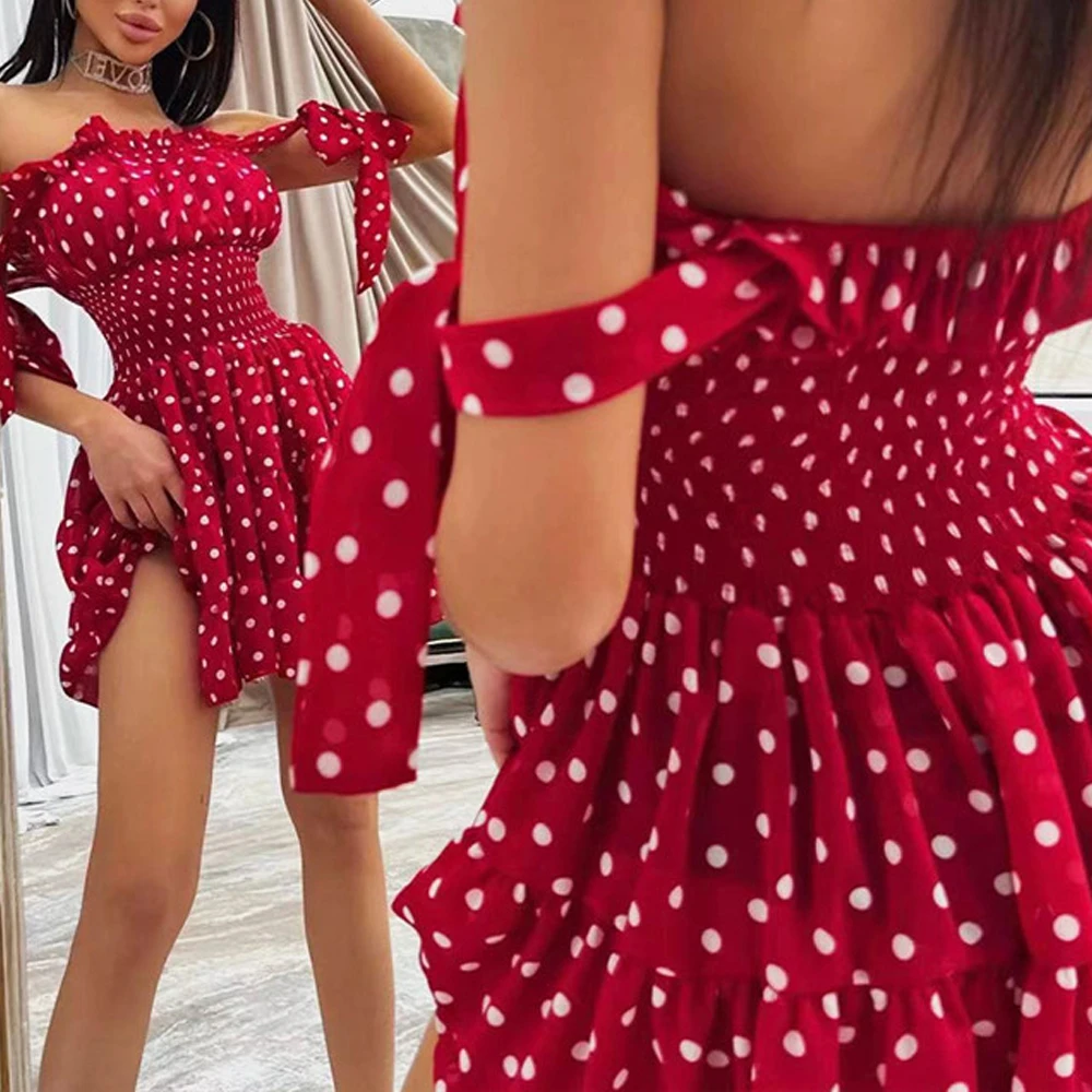 Customized summer polka dot printed chiffon dress Sexy Wrapped Chest Swing Dresses