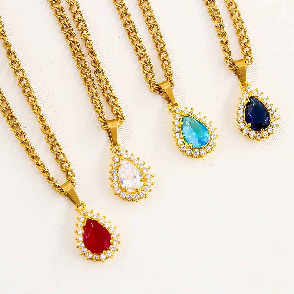 DYZ INS 18k Stainless steel cuban chain necklace with colorful water drop CZ diamond pendant women jewelry ruby pendant necklace