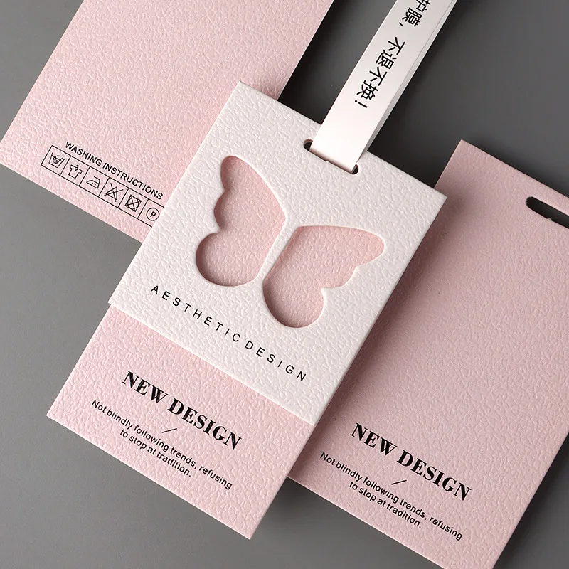 Custom Brand Logo Embossed Small 600 gsm Paper Hangtag Label Butterfly Luxury Clothing Hang Tag with Perforation