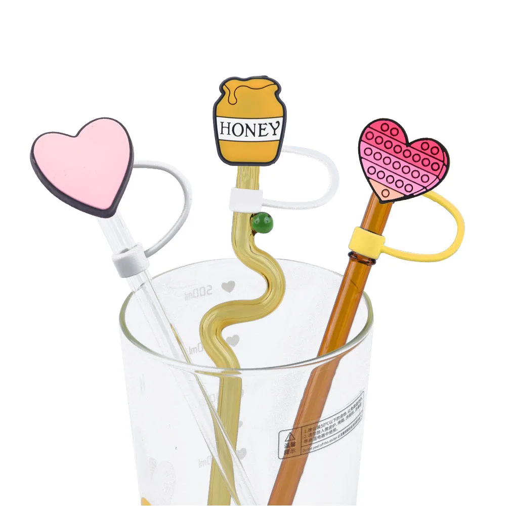 custom straw accessories charms pink heart silicone straw cover topper 3d straw topper honey silicone cap cover for cup