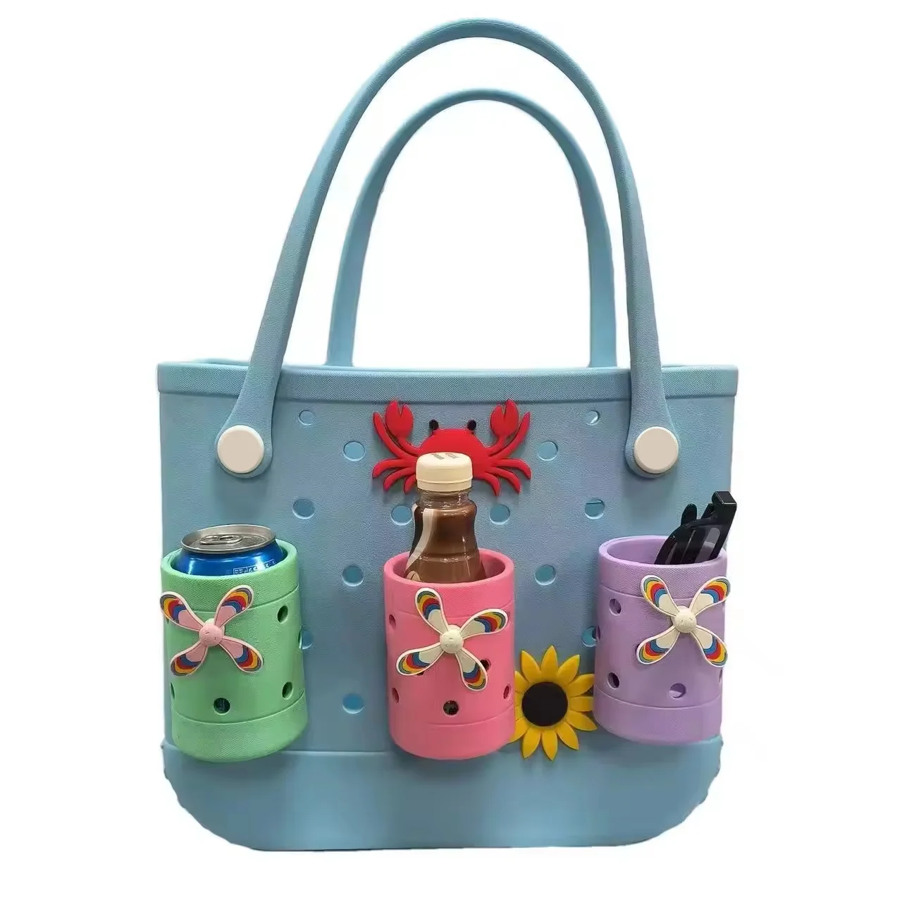 Customized Design Candy Color Round Coffee Cup Holder EVA Beer Can Cooler Storage Tank Bag Silicone Beach Accessories