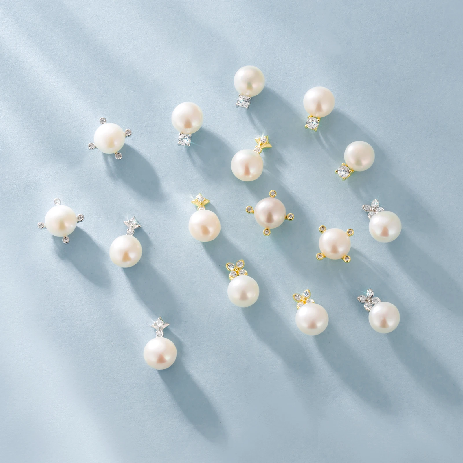 New 14K White Gold Plated Real Pearl Stud Earrings Women 925 Sterling Silver Natural Freshwater Pearl Diamond Earrings for Girl