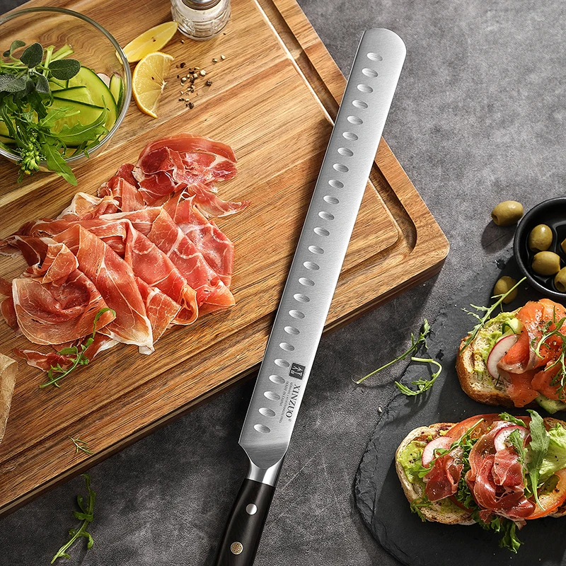 XINZUO New Premium Ebony Wood Handle German 1.4116 Carbon Stainless Steel Kitchen Slicing Knives Granton Carving Knife