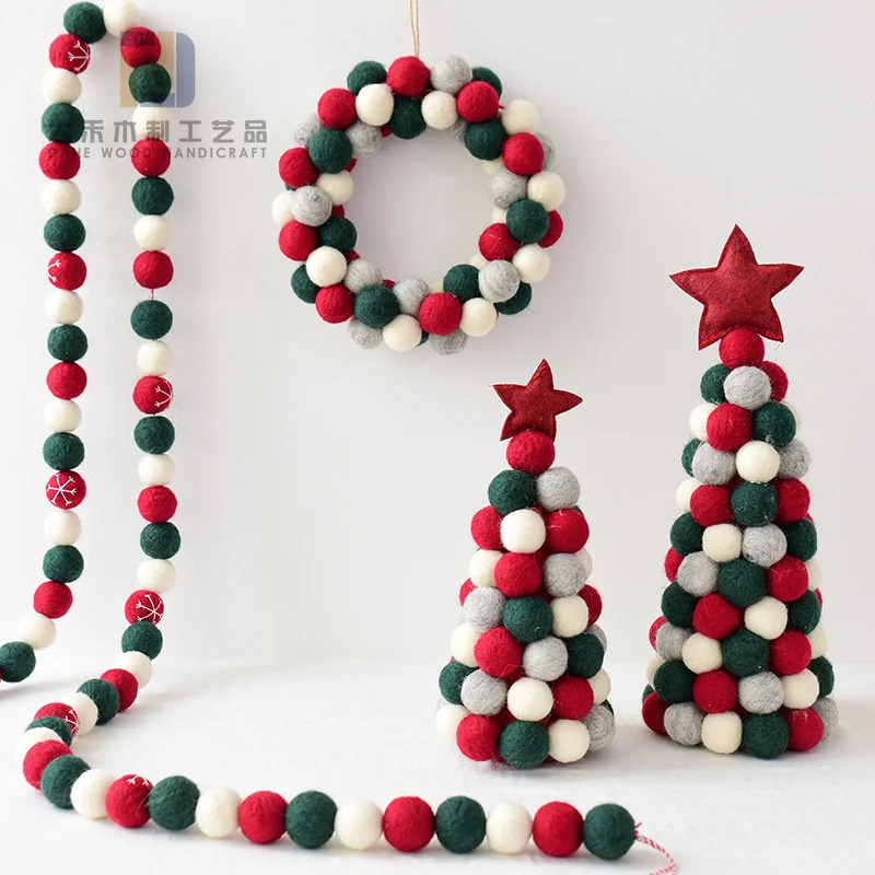 Creative Christmas Felt Tree Wool Ball Wreath Felt Garland Custom Crafts for Xmas Table Party Decoration Wall Hanging Ornaments