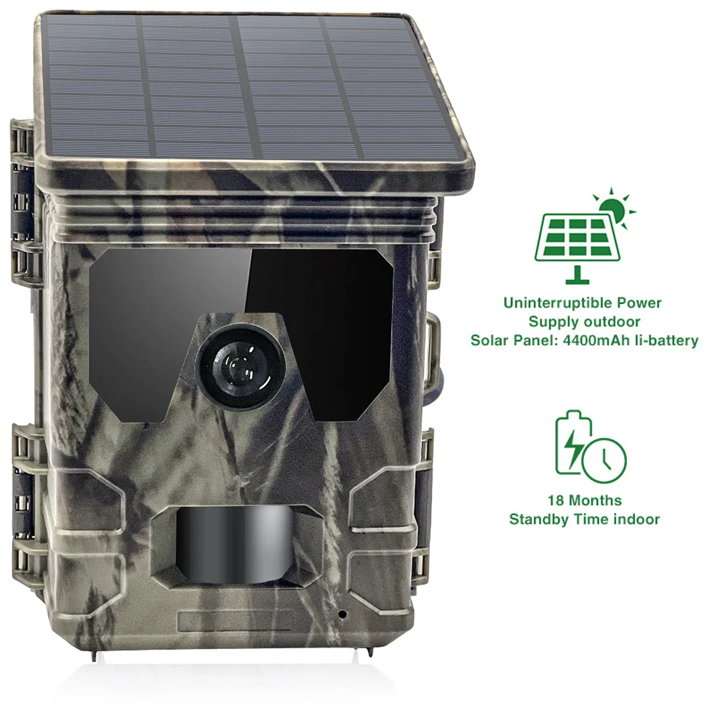 Long Night Vision Range WiFi Blue-tooth 30MP 4K Wildlife Trail camera With Solar Panel Built-in 4400mAh Li-on battery HC-600W