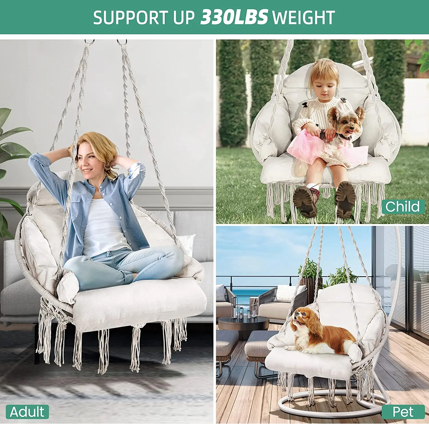 Hammock Chair with Cushion, Handmade Macrame Swing Chair with Hanging Hardware Kits, Bohemian Style Cotton Rope,