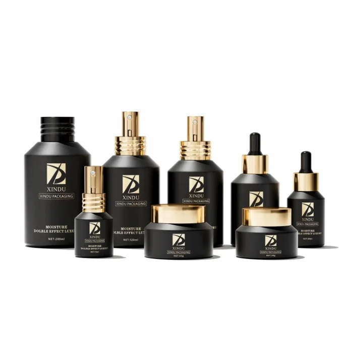 15ml-200ml cosmetic packaging matte black slant shoulder glass bottle with gold lid pump dropper lotion bottle cream jar sets