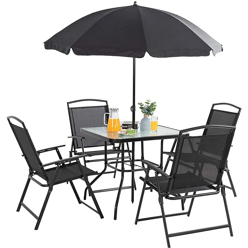 All Weather Small Metal Outdoor Table and Chair Set 6 Pieces Outdoor Folding Conversation Patio Dining Set With Umbrella