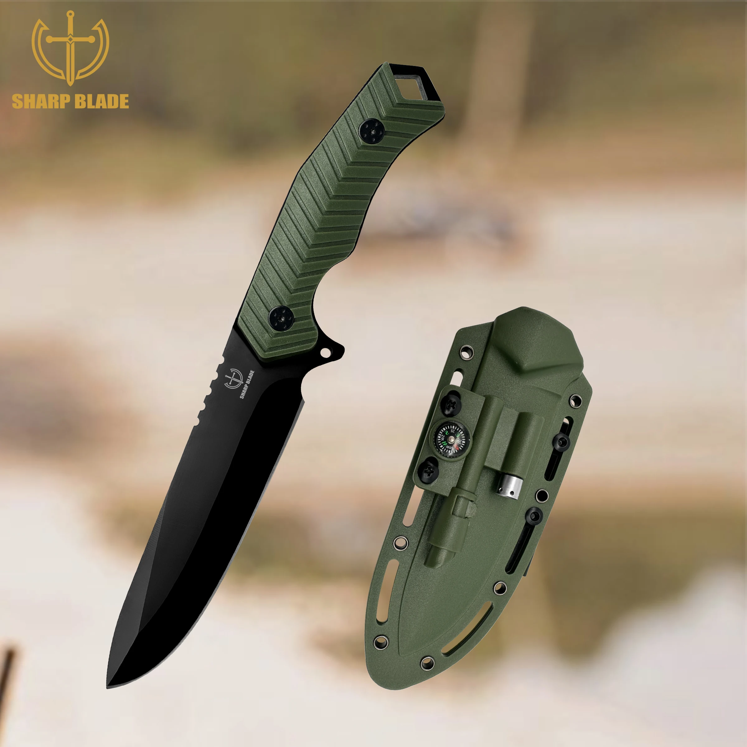 Yeehand Knives Fixed Blade Hunting Knife Outdoor 3cr13 Steel Green Handle Compass Fixed Blade Knife with Flint and Steel Sheath