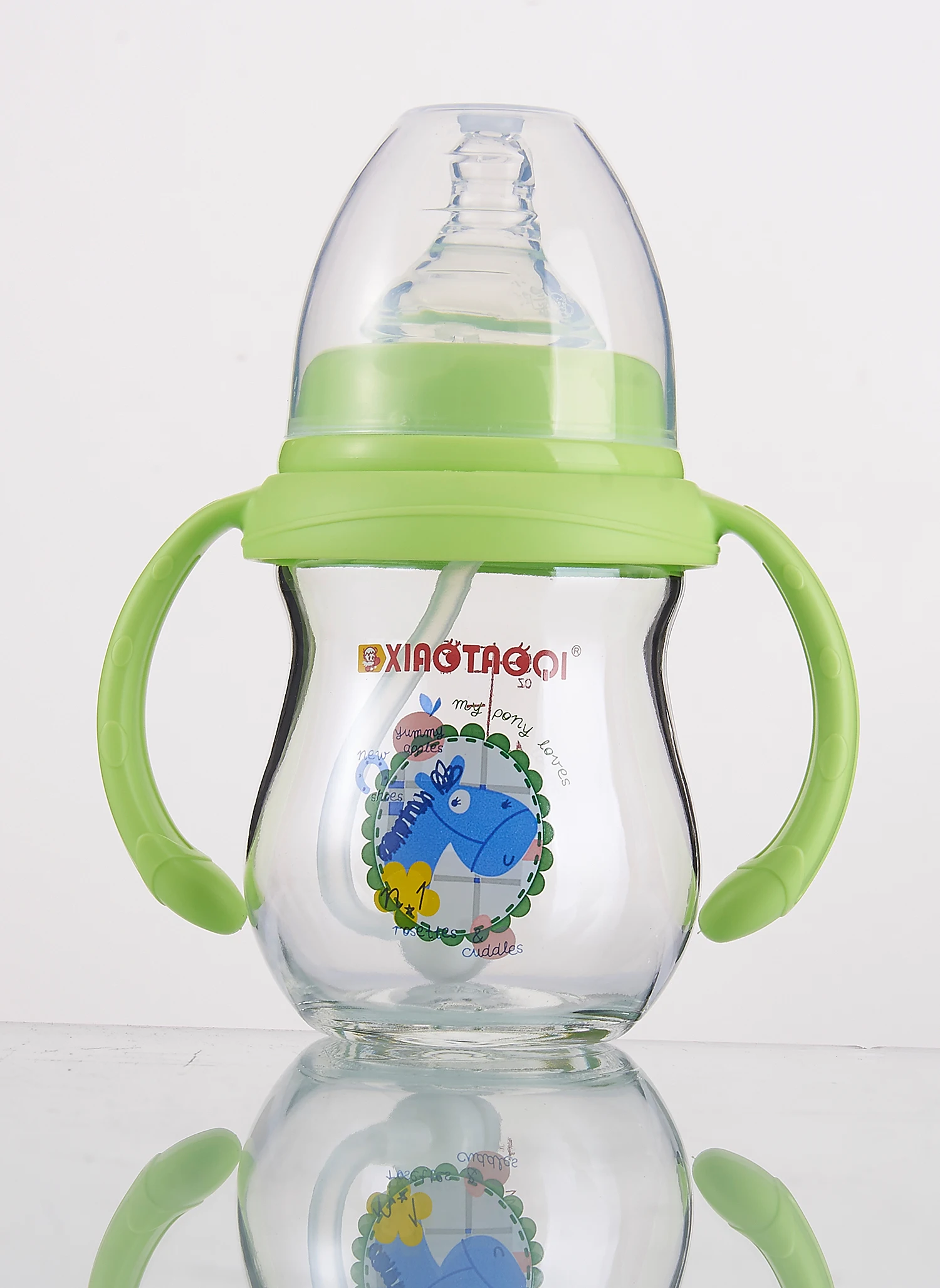 Free Sample Wide Neck With Handles Middle Borosilicate Glass Baby Glass Feeding Bottle
