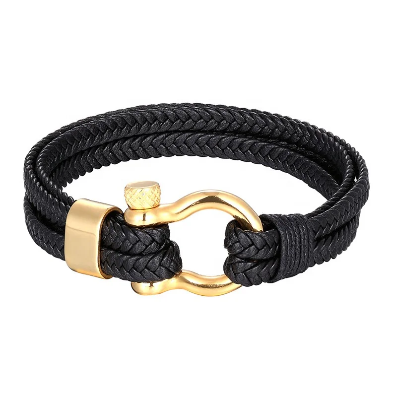 POYA Double Layer Braided Genuine Leather Mens Bracelets with 316L Stainless Steel Black Buckle