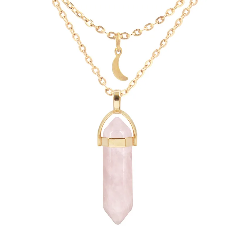 Fashion Moon Shape Layer Chain Hexagonal Stone Crystal Necklace For Women Daily Jewelry