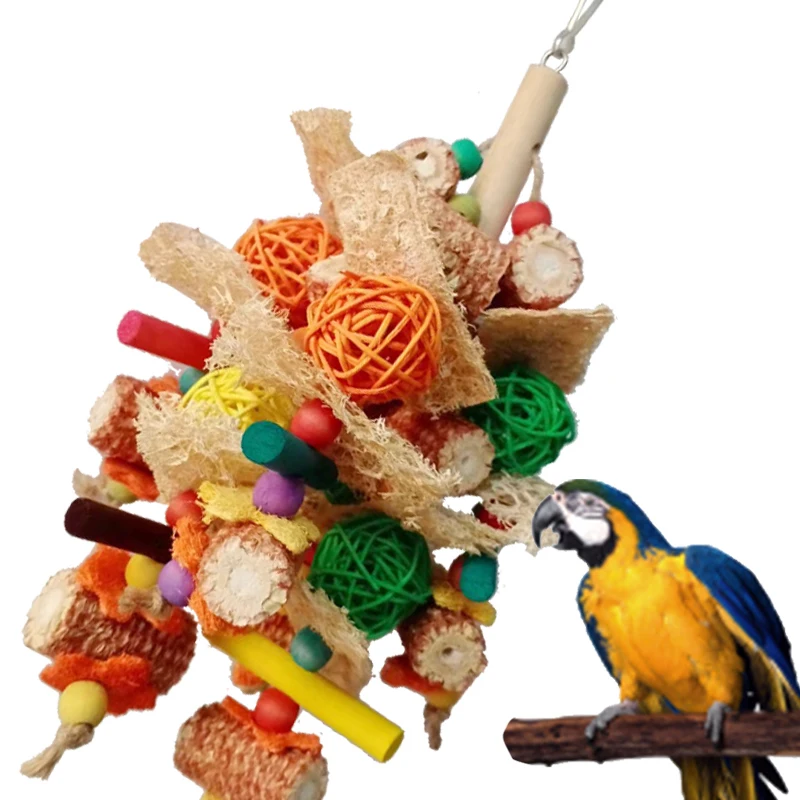 Big parrot bird toy cotton rope Wood Block Corn cob loofah parrot chew and bite cage toy