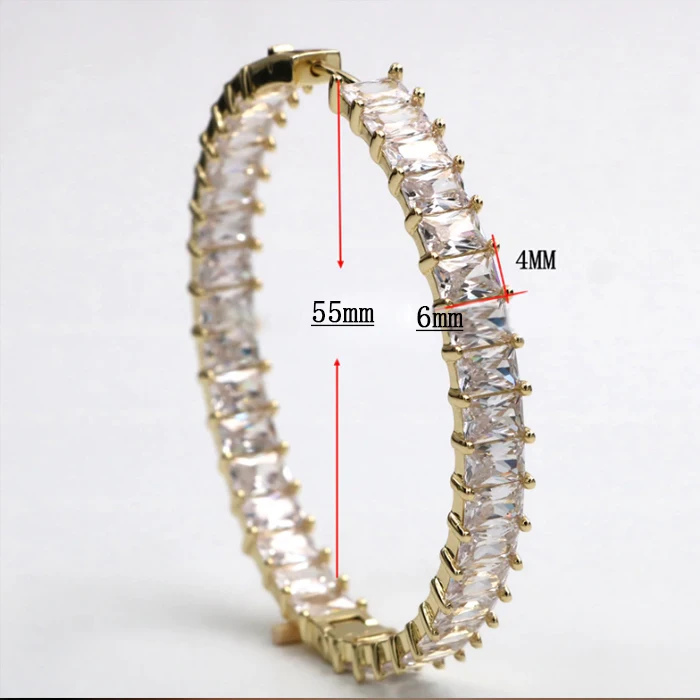 High Quality large 925 Sterling Silver AAA Cubic Zirconia Clear eternity Baguette Cut diamond CZ Hoop Earrings for men