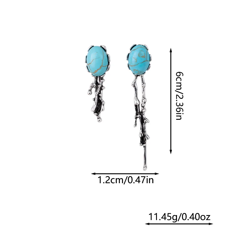 Silver Needle Bohemian Style Asymmetric Blue Turquoise Earrings Creative Personality Inlay Fashion Jewelry