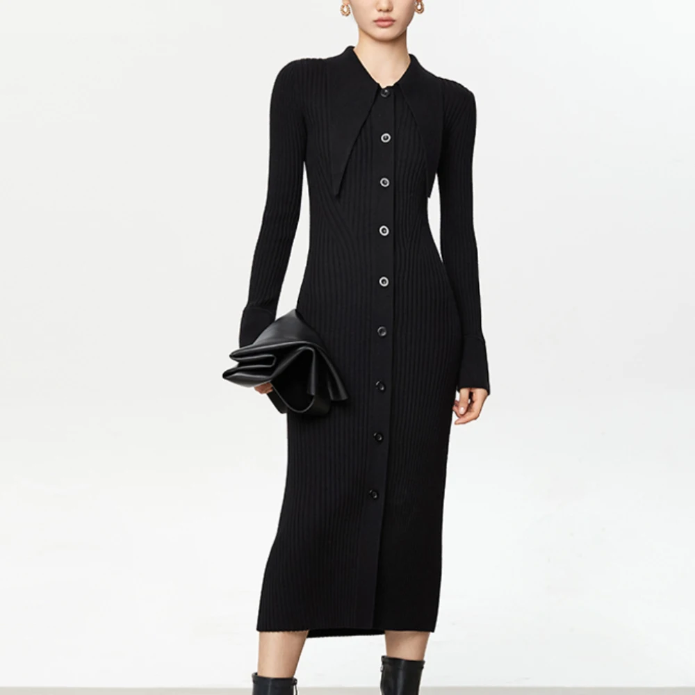 GUOOU OEM customize female spring fall black Polo neck thin casual knit wool cashmere mix sweater dress