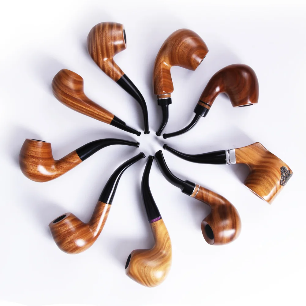 Wholesale 9mm filter wooden Manual Tobacco Pipe Red wooden Ebony Customized Logo Free Green Sandalwood Smoking Pipe Wholesale
