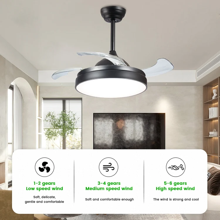 Hot sale Modern 42 inch hidden retractable Ceiling Fans with Light ABS 4 blades DC motor LED fan lamp for living room