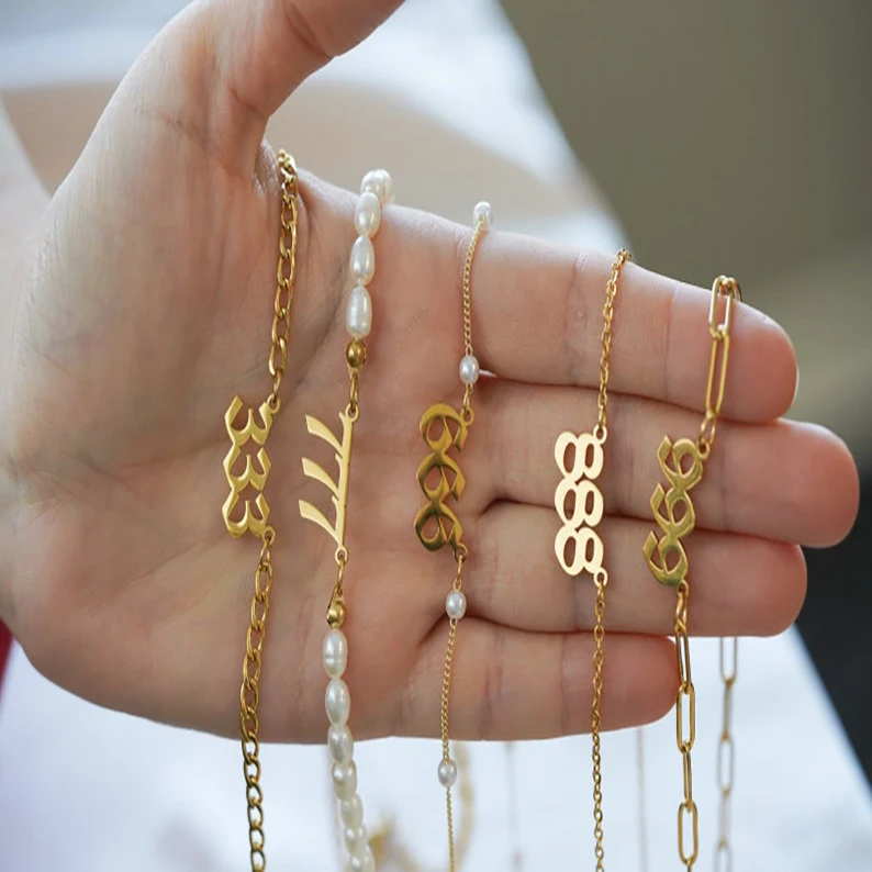 Angel Lucky Numbers Pearl Pvd Necklace 18k Gold Filled Plated Angel Number Necklace