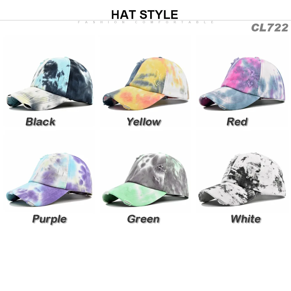 Hot Selling Cap Fashion Women Stylish Tie Dye Baseball Caps Worn-out Distressed Vintage Dad Hat With Custom Embroidered Logo
