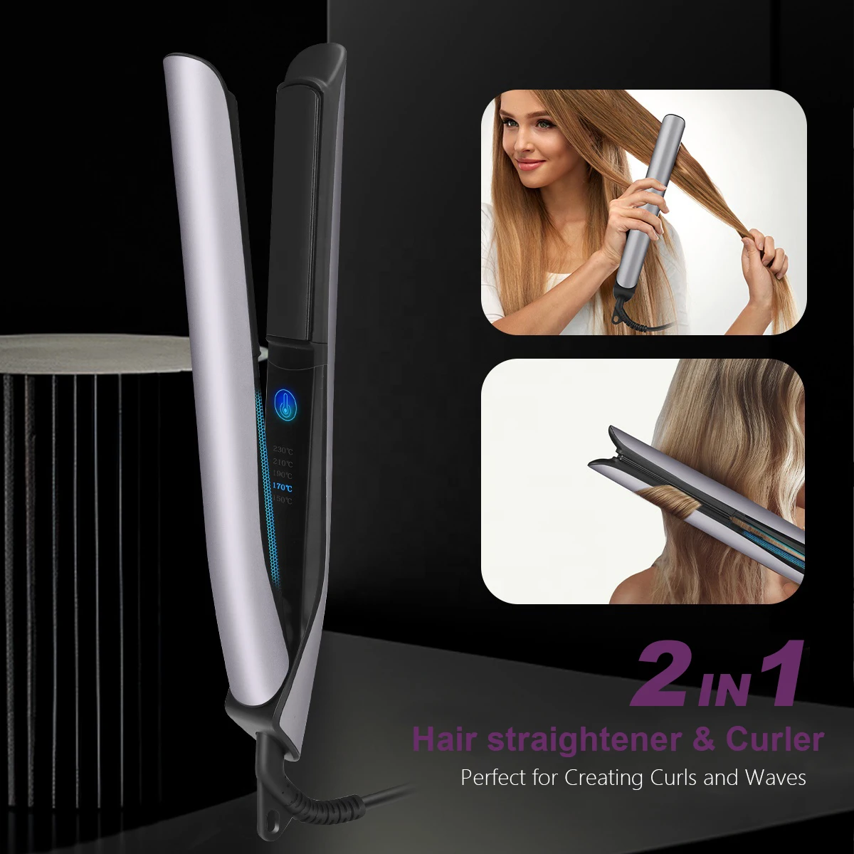 Five Plus Custom Logo Titanium Flat lron Hair lroning Clips 2 IN 1 High Quality Portable Curling Straightening Hair Straightener