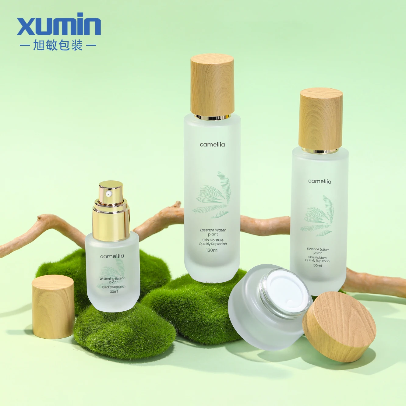 cosmetic creams packaging bamboo cap glass bottle 30ml 100ml 120ml glass lotion pump bottle 50g glass jar with bamboo lid