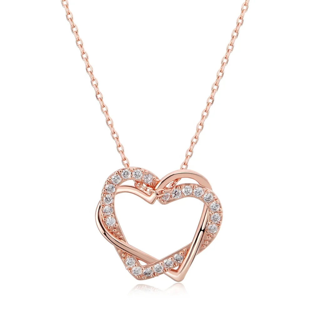N062 Китай, оптовая продажа, хорошее качество, подарки на день рождения, кулон с кубическим цирконием Love Forever Double Heart, ожерелье с кулоном