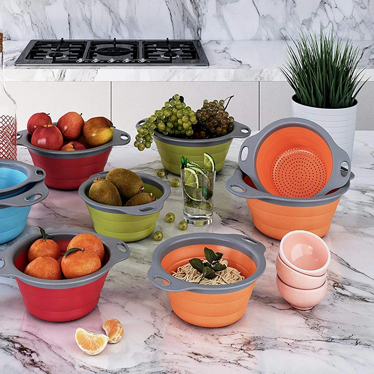 Складной дуршлаг, набор из 2 складных кухонных ситечков из пищевого силикона, складной дуршлаг для экономии места